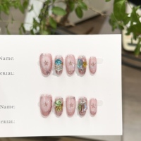 Faux ongles à presser faits main de luxe, avec gemmes 3D et perles, rose nude, réutilisables, courts, forme cercueil, à coller