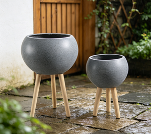 Round Tripod Plant Pot Set of 2, Grey <b>Sphere</b> Flower Planter with Wooden Legs, Indoor Outdoor Decorative Plant Container Wholesal - Product Image 1