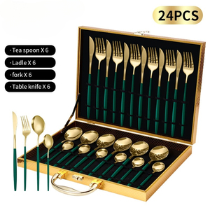 Ensemble de couverts en acier inoxydable de style européen, 24 pièces, finition miroir, avec <span class=keywords><strong>fourchette</strong></span>, <span class=keywords><strong>cuillère</strong></span>, <span class=keywords><strong>couteau</strong></span> (vert or) - Product Image 1