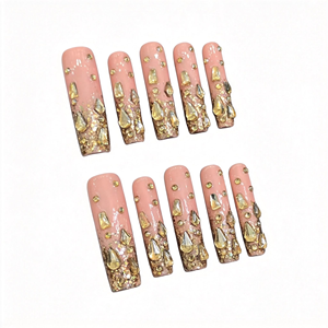 <span class=keywords><strong>Uñas</strong></span> <span class=keywords><strong>postizas</strong></span> largas hechas a mano con efecto ataúd, brillo dorado nude, joyería de lujo con circonita champán, <span class=keywords><strong>uñas</strong></span> <span class=keywords><strong>postizas</strong></span> elegantes reutilizables al por mayor - Product Image 1