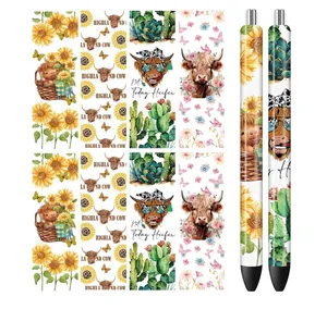 Highland Cow UV DTF Pen Wraps Sunflower UV Stickers for Pen Butterfly Wrap Cactus Decals Waterproof Transfer Sticker for DIY Pen