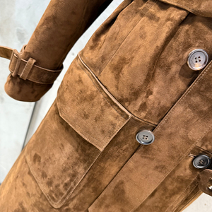 Abrigo Largo de Gamuza Marrón Oscuro con Doble Botonadura y Cinturón para <span class=keywords><strong>Mujer</strong></span>, Chaqueta de Cuero Genuino - Product Image 4