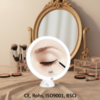 Miroir de salle de bain portable éclairé 15X grossissant, 8 pouces, avec capteur tactile, intensité réglable, finition chromée, pliable, mural, orientable à 360°