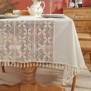 American Pastoral Style Retro Elegant Beige <strong>White</strong> Endless Crochet Hollow Lace Waterproof <strong>Table</strong> <strong>Cloth</strong> Handmade Polyester Cotton - Product Image 3