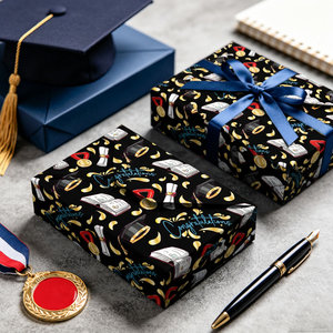 Black background color printed graduation season gift wrapping <b>paper</b> Gold <b>pattern</b> medal book gift wrapping <b>paper</b> Customizable - Product Image 2