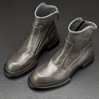 Brounvanm Bottes de loisirs mi-mollet pour homme en cuir véritable à semelle épaisse, tendance, avec absorption des chocs et fermeture éclair latérale, rehaussantes