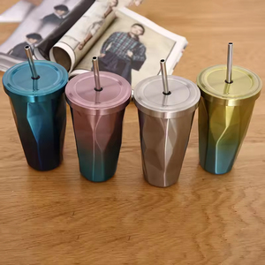 Vacuum Mug Drinking <b>Cups</b> Insulated Coffee Travel Mugs 16oz Stainless Steel Irregular Shape Coffee Tumbler With Straw - Product Image 2