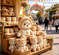 Ours en peluche Genial Tan avec capuche d'ours, gilet blanc, short avec emblème pot de miel, personnalisé, assis