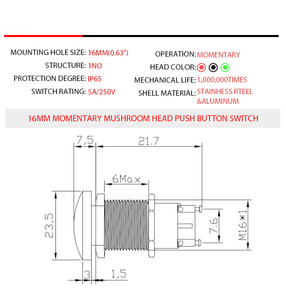 Interruptor de Botón Pulsador Momentáneo, Cabeza de Domo de Acero Inoxidable, Redonda, Cuadrada, Rectangular, Tapa de Tecla, IP65, 1NO, Electrodoméstico - Product Image 2
