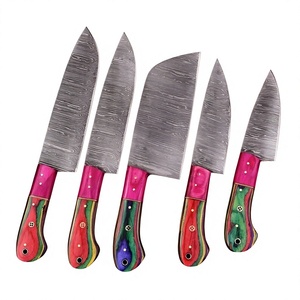 Ensemble de couteaux de chef 5 pièces lame en acier damas couteaux de cuisine orientation de la main réglable poignées en bois Pakka finition cuir brossé - Product Image 2