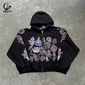 Sweat à capuche zippé surdimensionné personnalisé polaire lourd allover graphique <span class=keywords><strong>Saint</strong></span> icône impression Streetwear OEM ODM marque privée - Product Image 2