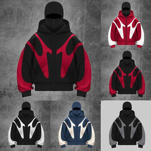 Sweat à capuche personnalisé pour homme, <span class=keywords><strong>double</strong></span> couche, style ninja, broderie, impression, lourd, fermeture éclair intégrale, couvre-visage, sweat lavé - Product Image 3