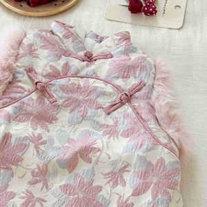 Tongxingyuan Fleece-lined Cheongsam Dress For Girls Pink Floral Winter New Year Outfit Thickening Cotton Hanfu Style - Product Image 4