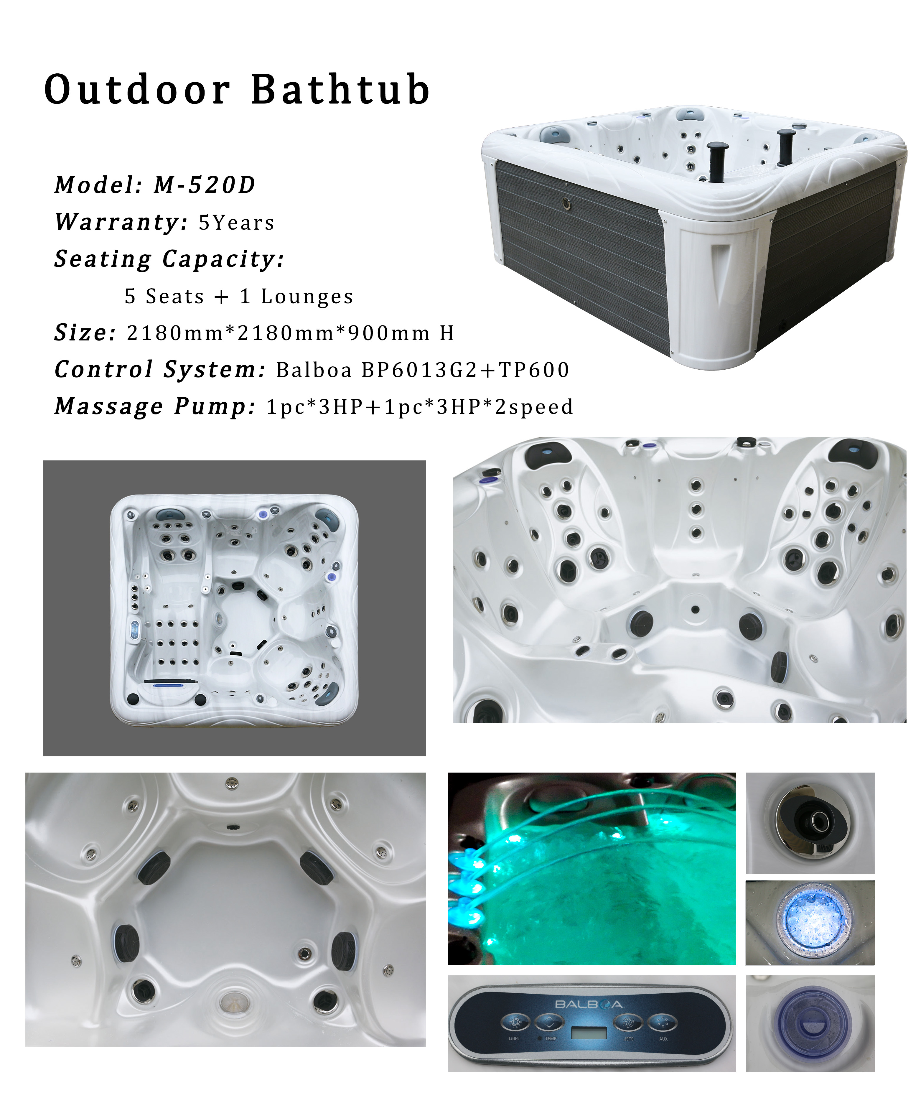 6 Seats Outdoor Spa Bathtub Massage Hot Tub For Sale With Speaker