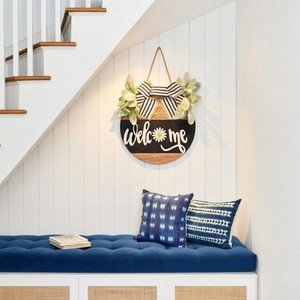 Rustic Faux Wood Round Wreath <b>Welcome</b> <b>Sign</b> 30cm Black White Modern Front Door Decor For All Seasons - Product Image 2