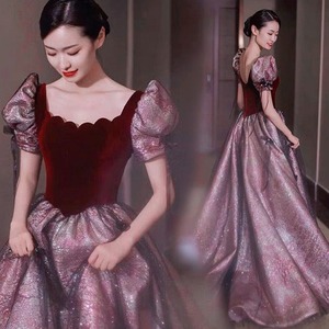 Puff Sleeve Evening Gown Long Skirt Red Women Stage Performance Dress For Brides Toasting Vocal Art Exam Hosting Chorus - Product Image 1