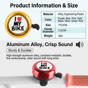 Sonnette de vélo en forme de cœur, son clair, logo I LOVE MY BIKE, accessoires de cyclisme - Product Image 4
