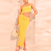 Robes Lersey de couleur unie très vendues en usine Robe midi moulante sexy asymétrique à bretelles découpée sur mesure