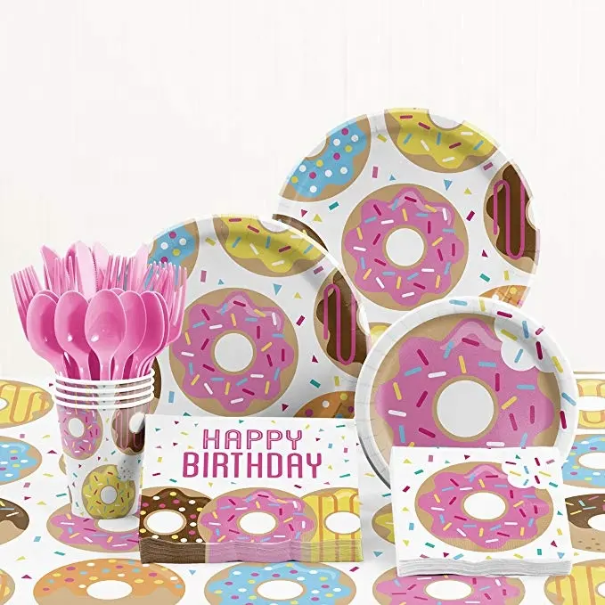 Doughnut Banner Paper Cup Napkin Plates Happy Birthday Anniversary Baby Shower Candy Bar Party Decoration Donut Party -Serves 16