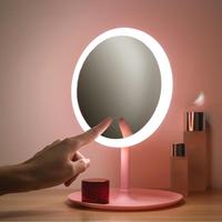 Miroir de maquillage de bureau sur pied en plastique personnalisé CF, plaqué argent HD, avec éclairage LED 3 couleurs et rangement intégré