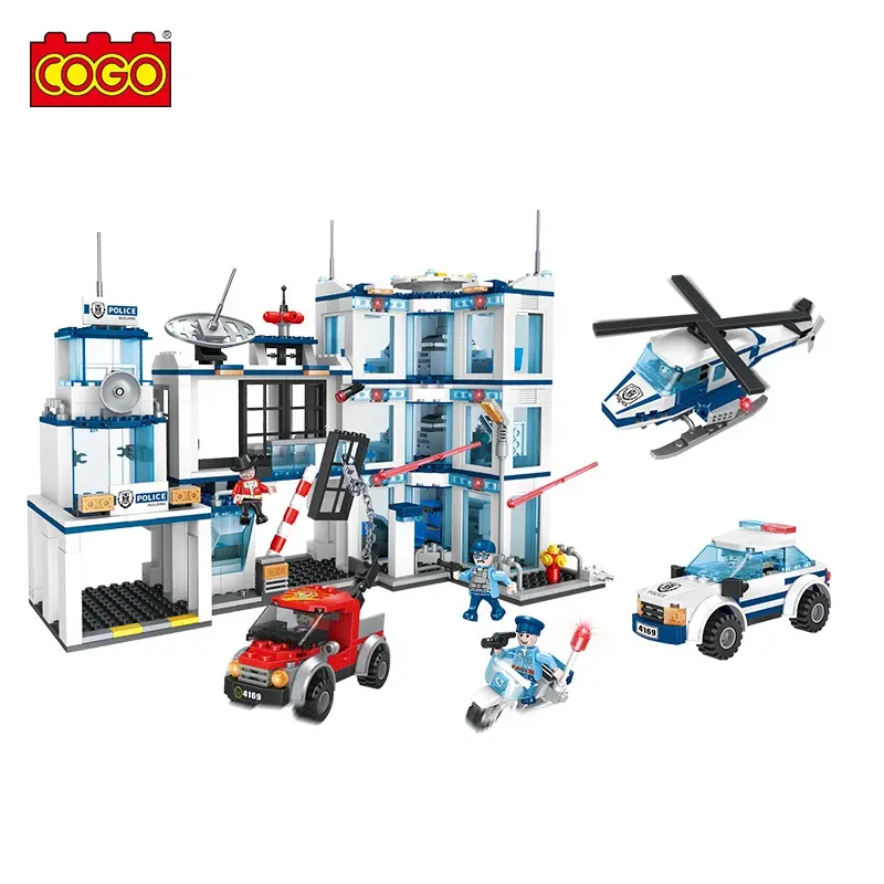 COGO Helikopter Mobil ABS Anak, Balok Plastik Polisi 950 Buah Mainan Edukatif Kota Batu Bata untuk Anak-anak