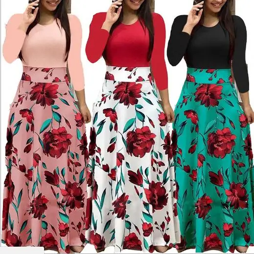 Wholesale Women Fashion Long Sleeve O-neck Floral Printed Maxi Dress Europe Style Stretch Patchwork Plus Size Simple Long Dress