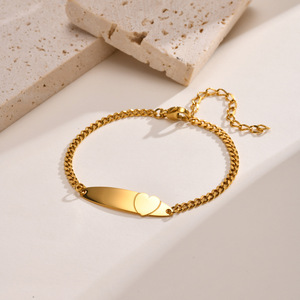 Personalized <b>Engravable</b> Stainless Steel Heart Curved Bar Bracelet Minimal Polished Link Chain Gold Color Unisex Fashion Gift - Product Image 4