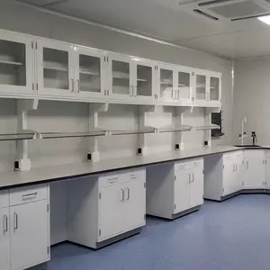 Banco laterale da laboratorio, banco da lavoro a parete con armadi, tavolo da laboratorio scolastico per attrezzature