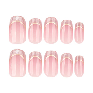 <span class=keywords><strong>Uñas</strong></span> Postizas en China, Color Rosa Nude Brillante, Forma Cuadrada, con Borde Dorado Brillante, Línea Metálica Dorada, <span class=keywords><strong>Elegantes</strong></span> <span class=keywords><strong>Uñas</strong></span> Postizas Decoradas - Product Image 2