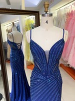 Robe de soirée longue, coupe trapèze, bleu roi moderne, col en V, bretelles spaghetti, à lacets, fente haute, personnalisable, vente en gros, direct usine