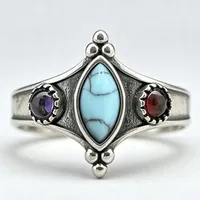 ZhuQian Grosir Cincin Gaya Etnik Pirus Biru Marquise untuk Wanita Perhiasan Klasik Warna Perak Samping Zirkon Bulat Bohemian