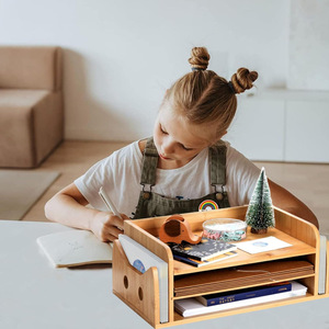 Desktop <b>Storage</b> Box 3 Tier Bamboo Organizer For Office Desk Document <b>File</b> Holder Multifunctional Neatening <b>Storage</b> - Product Image 2