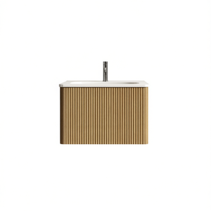 Mueble de Baño Moderno de 24 Pulgadas, Madera de Roble Natural, Montado en la Pared, Lavabo Flotante de Cerámica Blanca, Diseño Rectangular - Product Image 1