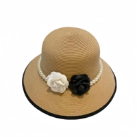 Vente en gros chapeau de soleil vintage chapeau d'église accessoire de robe de mode pour femmes pour le printemps été noir blanc camélia perle pêche décontractée