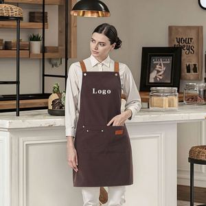 Customizable 100% Cotton Canvas Bib Double Pocket Waterproof Oil-Proof Brown Sleeved <b>Apron</b> with Embroidered Logo Multiple Colors - Product Image 3