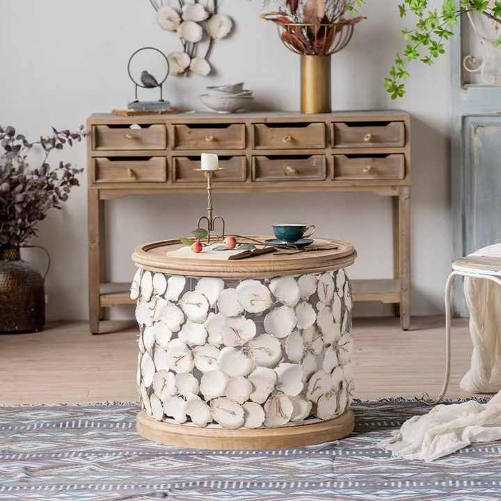 American retro round coffee table creative wood bedside table with