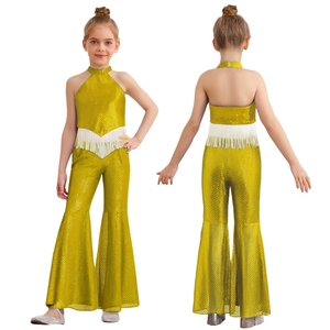6-16 Kids Girls Modern Dance <b>Clothes</b> Jazz Dance Costume Crop Top With Bell-Bottom Pants For Stage Performance Classes Stage Show - Product Image 4