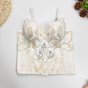Haut de taille en arête de poisson français corset amincissant et serré broderie perlée bustier tubulaire à bretelles blanches - Product Image 2