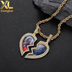 Collar con Colgante de Corazón Roto con Incrustaciones de Diamantes de Imitación, Joyería Fina Hip Hop, Chapado en Oro Blanco, Marco de Fotos Personalizado - Product Image 4