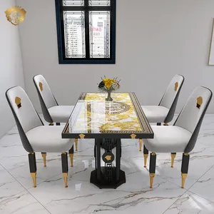 Ouro preto branco Itália vidro ardósia sinterizado pedra mesa de jantar sala móveis metal 4 assentos mesa de jantar e cadeira conjunto