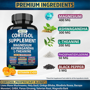 Capsules Santé Cortisol : Soulagement du Stress, Équilibre de la Réponse Cortisol, Relaxation, Sommeil Profond, Magnésium, <span class=keywords><strong>L</strong></span>-Théanine, Ashwagandha – Améliorées - Product Image 2
