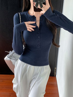 Kaus lengan panjang wanita, kaus blus lengan panjang, poliester spandeks, kancing, kasual, nyaman, Y2K
