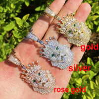 Nouveau Collier Pendentif Tête de Lion Couronne en Laiton Massif Tendance Hip Hop, Entièrement Sertie de Zircone Cubique, Bijoux de Rappeur, Vente en Gros