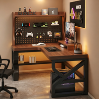Bureau de jeu en forme de L avec étagère de rangement perforée pour poste de travail informatique à domicile