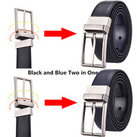 Sabuk Kulit Pria Biru dan Hitam, Sabuk Kulit Asli Bolak-Balik untuk Pria dengan Gesper Putar