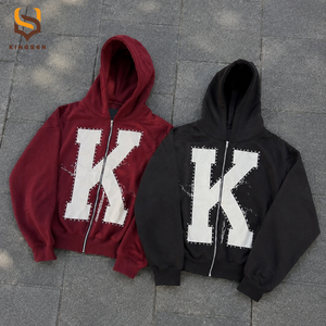 เสื้อฮู้ดดี้ทรงบ็อกซี่แบบครอปป์ ย้อมสีเอซิด ปักลายแบบดิสเทรสตามสั่ง OEM ผ้าฝ้าย 100% หนัก 500 กรัม ประดับคริสตัล ซิปหน้า สไตล์วินเทจ - Product Image 3