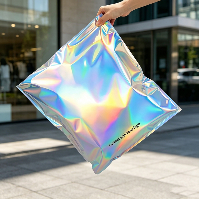 Custom Holographic Rainbow Laser Metallic Foil Poly Mailers Large Self Adhesive Shipping Bags for Beauty Fashion Apparel
