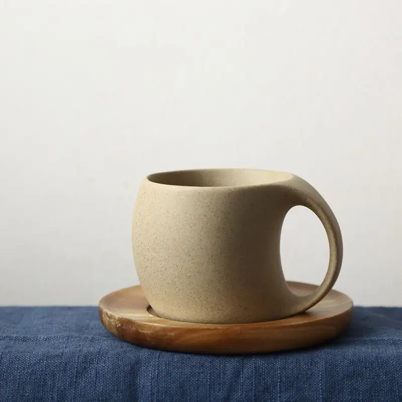 Gift health pottery coffee cup with acacia wooden tray to send spoon Simple water mug