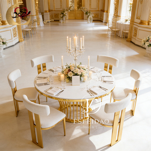 ชุดโต๊ะรับประทานอาหารทรงกลมดีไซน์หรูหราทันสมัย ท็อป MDF โครงเหล็กกล้าไร้สนิมสีทอง เหมาะสำหรับงานอีเว้นท์และปาร์ตี้ - Product Image 4