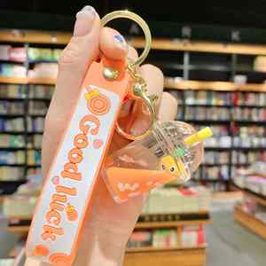 Creative Fruit Strawberry Pineapple Milk Tea <b>Cup</b> Key Chain Floating Sand Oil in Pendant Car Key Chain Bag Pendant - Product Image 2